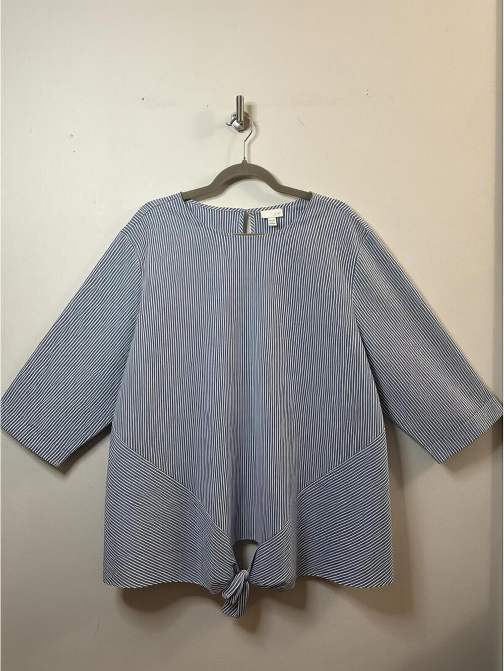 J Jill Women 3X Blue White Striped Tie Front Blouse 3/4 Sleeve Stretch Top